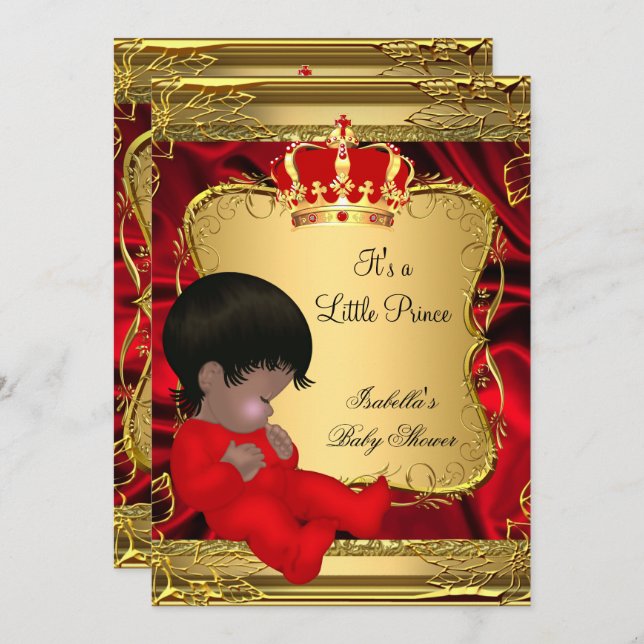 Invitación Prince Boy Baby Shower Red Ornate Gold (Anverso / Reverso)