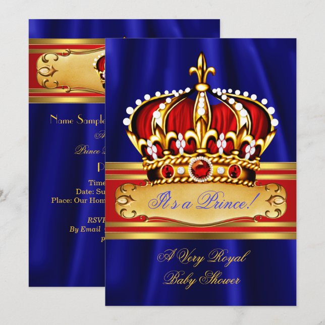 Invitación Prince Boy Baby Shower Red Royal Blue Gold Crown (Anverso / Reverso)