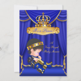 Invitación Prince Boy Baby Shower Royal Blue Drapes Brunette