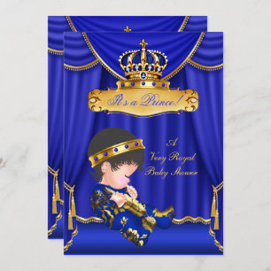 Invitación Prince Boy Baby Shower Royal Blue Drapes Brunette