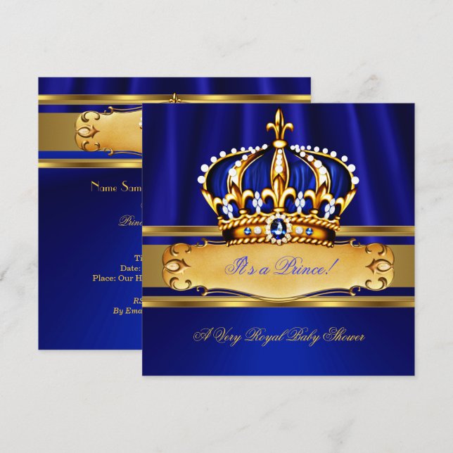 Invitación Prince Boy Baby Shower Royal Blue Gold (Anverso / Reverso)