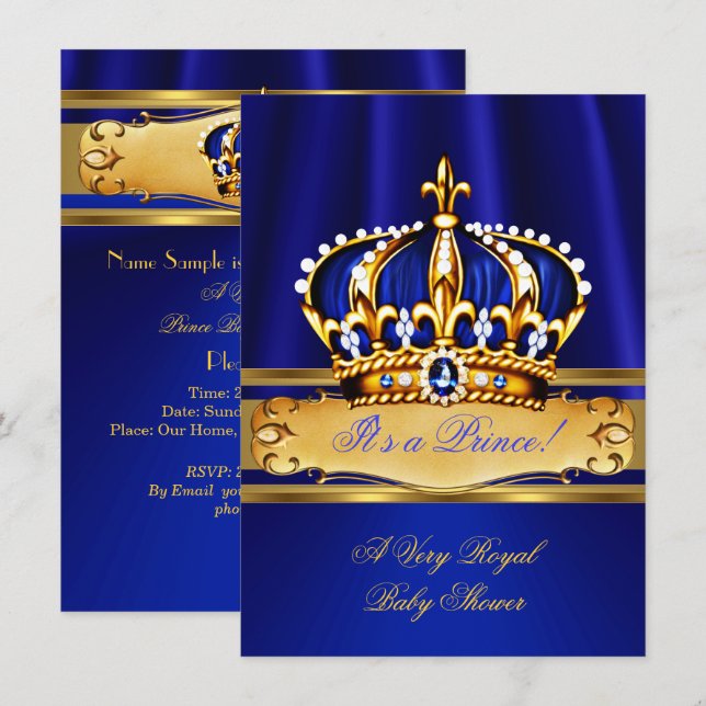 Invitación Prince Boy Baby Shower Royal Blue Gold (Anverso / Reverso)
