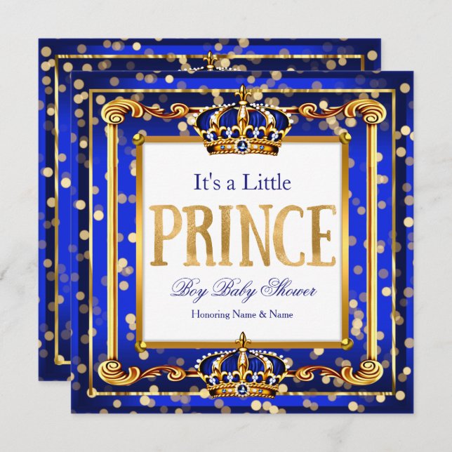 Invitación Prince Boy Baby Shower Royal Blue Gold Bokeh (Anverso / Reverso)