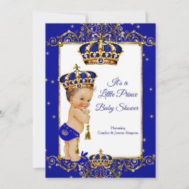 Invitación Prince Boy Baby Shower Royal Blue Gold Brunette