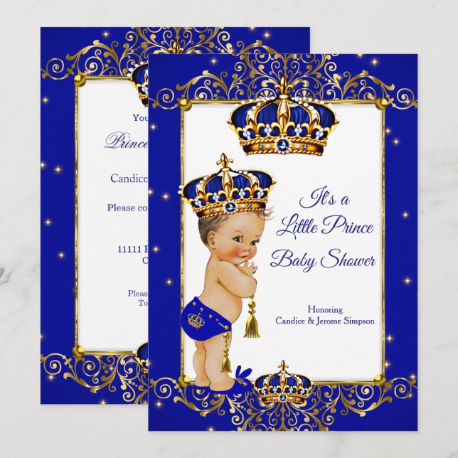 Invitación Prince Boy Baby Shower Royal Blue Gold Brunette (Anverso / Reverso)