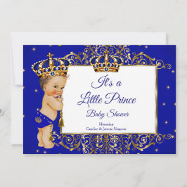 Invitación Prince Boy Baby Shower Royal Blue Gold Brunette 2