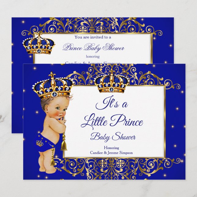 Invitación Prince Boy Baby Shower Royal Blue Gold Brunette 2 (Anverso / Reverso)