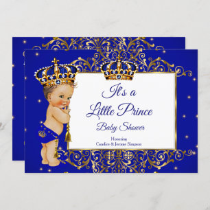 Invitación Prince Boy Baby Shower Royal Blue Gold Brunette 2