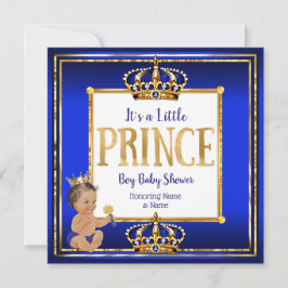 Invitación Prince Boy Baby Shower Royal Blue Gold Brunette DK