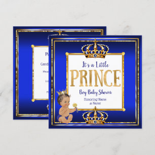 Invitación Prince Boy Baby Shower Royal Blue Gold Brunette DK