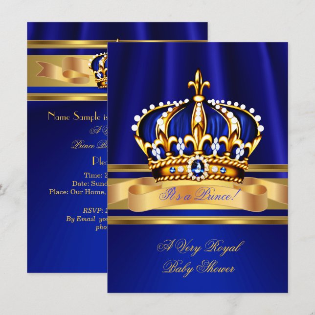 Invitación Prince Boy Baby Shower Royal Blue Gold Crown (Anverso / Reverso)