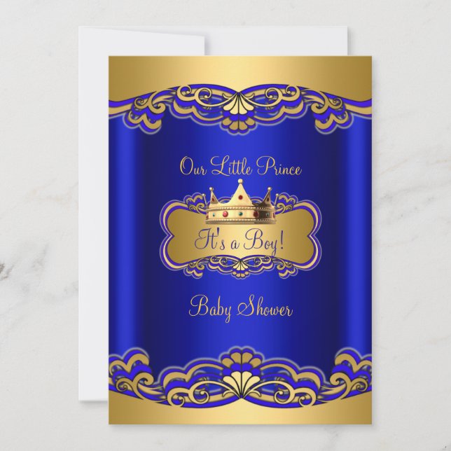 Invitación Prince Boy Baby Shower Royal Blue Gold Crown (Anverso)