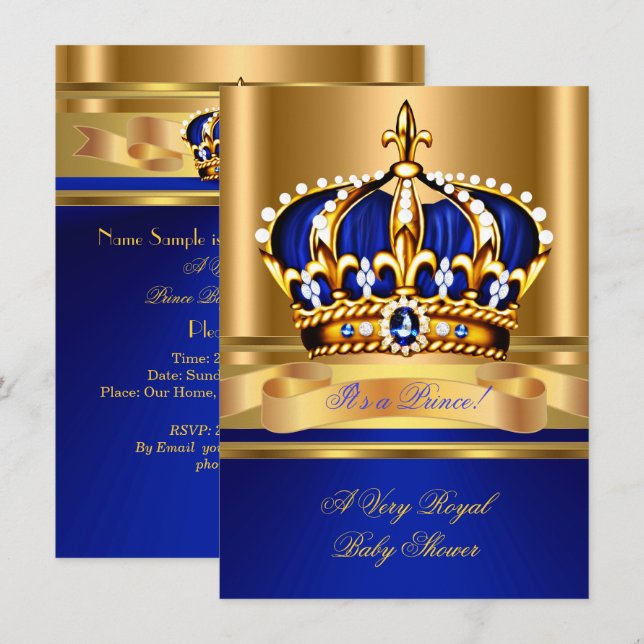 Invitación Prince Boy Baby Shower Royal Blue Gold Crown 2 (Anverso / Reverso)