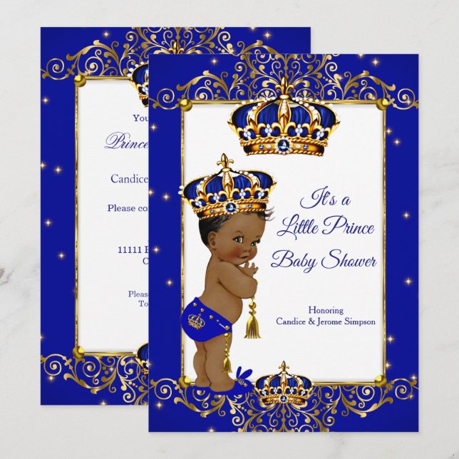 Invitación Prince Boy Baby Shower Royal Blue Gold Ethnic (Anverso / Reverso)