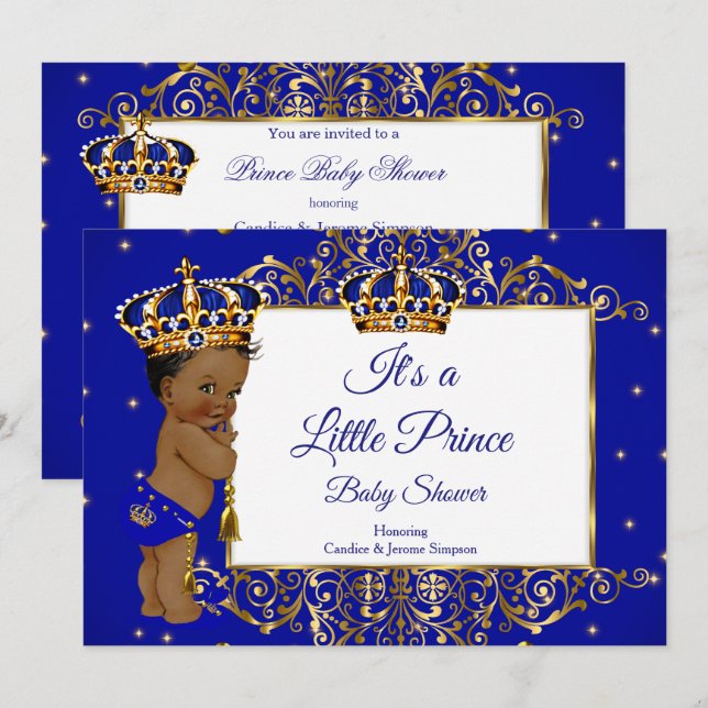 Invitación Prince Boy Baby Shower Royal Blue Gold Ethnic 2 (Anverso / Reverso)