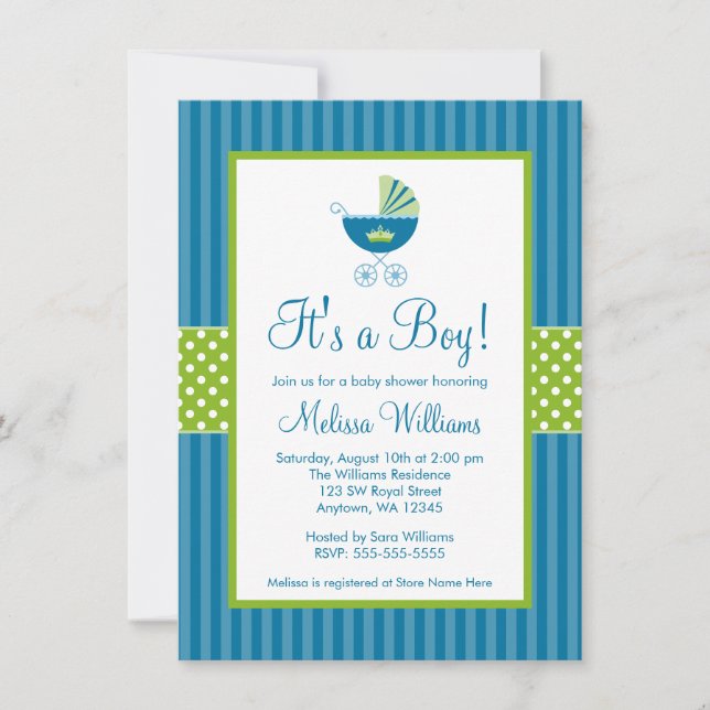 Invitación Prince Carriage Blue Green Stripes Baby Shower (Anverso)
