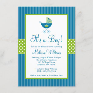 Invitación Prince Carriage Blue Green Stripes Baby Shower