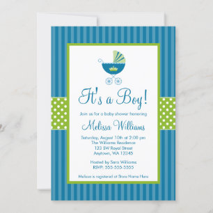Invitación Prince Carriage Blue Green Stripes Baby Shower