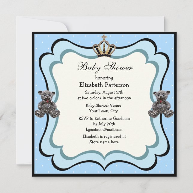 Invitación Prince Crown y Teddy Bear JewBoy Baby Shower (Anverso)