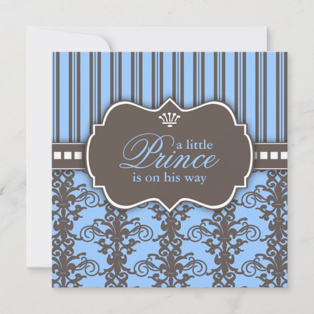 Invitación Prince Damask y Stripe Black & Blue Baby Shower (Anverso)