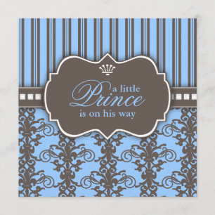 Invitación Prince Damask y Stripe Black & Blue Baby Shower
