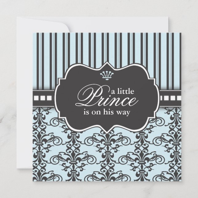 Invitación Prince Damask y Stripe Black & Blue Baby Shower (Anverso)
