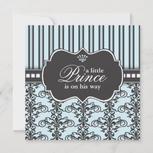 Invitación Prince Damask y Stripe Black & Blue Baby Shower