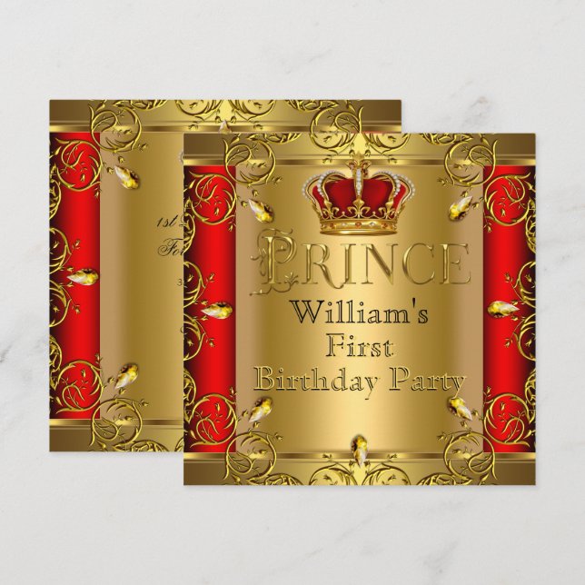 Invitación Prince First First Birthday Boy Red Gold Crown (Anverso / Reverso)