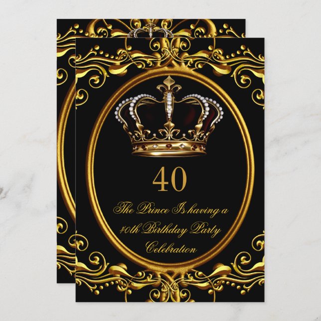Invitación Prince King Gold Royal Black Crown Cumpleaños 3 (Anverso / Reverso)
