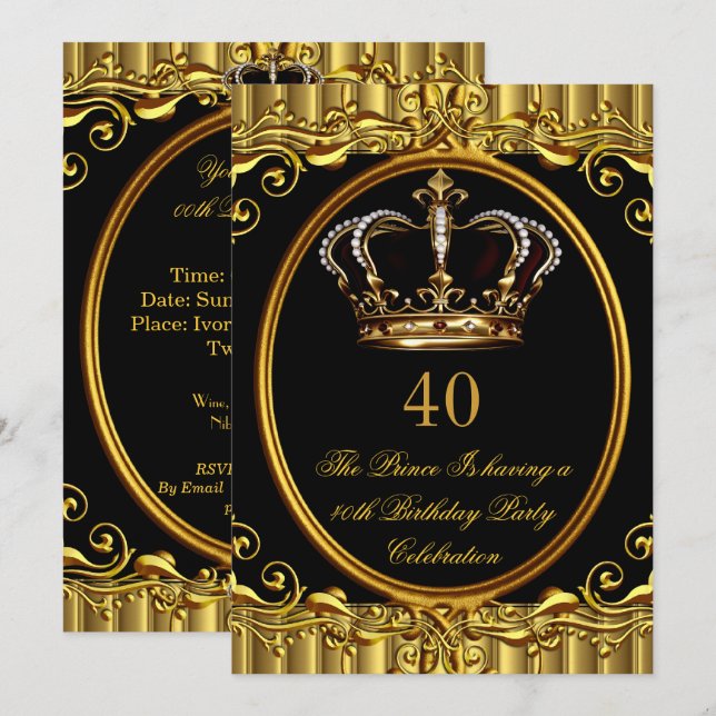 Invitación Prince King Gold Royal Black Crown Cumpleaños 4 (Anverso / Reverso)