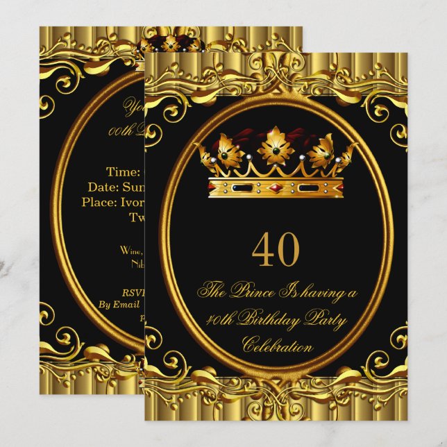 Invitación Prince King Gold Royal Black Crown Cumpleaños 4a (Anverso / Reverso)