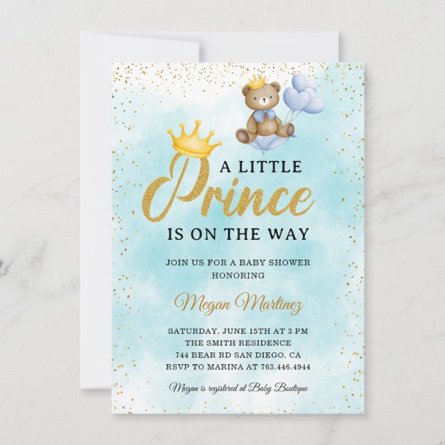Invitación Prince Prince Blue Gold Boy Baby Shower (Anverso)