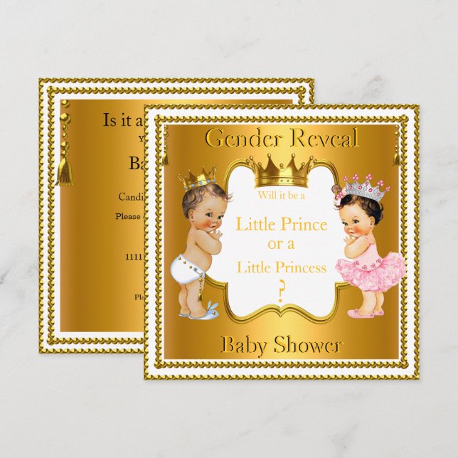 Invitación Prince Princess Gender Reveal Baby Shower Brunette (Anverso / Reverso)