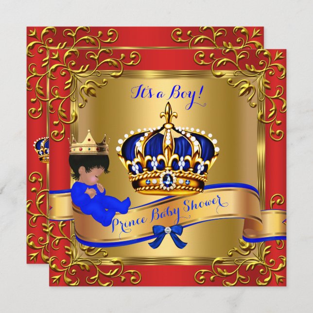 Invitación Prince Royal Baby Shower Boy Red Blue Gold 4 (Anverso / Reverso)