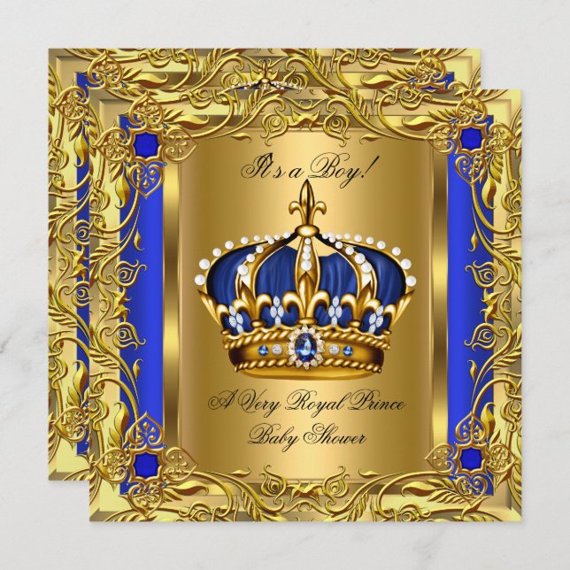 Invitación Prince Royal Blue Baby Shower Boy Regal Gold 2 (Anverso / Reverso)