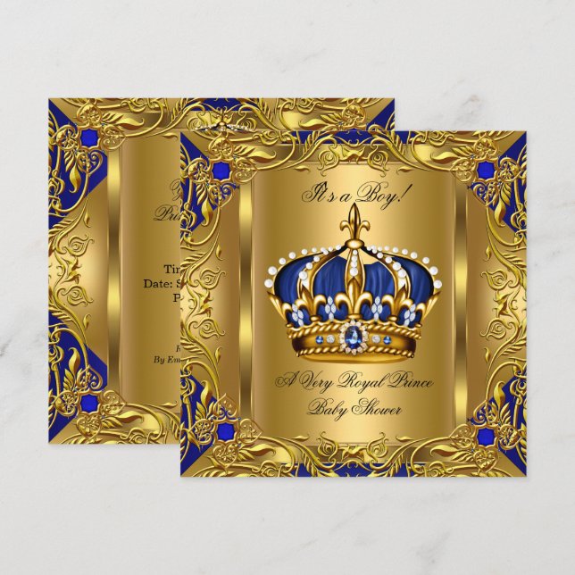 Invitación Prince Royal Blue Baby Shower Boy Regal Gold 3 (Anverso / Reverso)