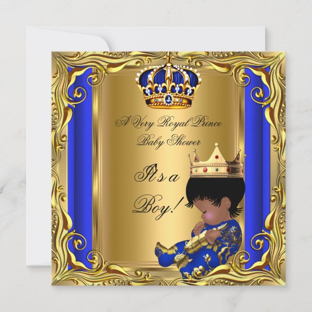 Invitación Prince Royal Blue Baby Shower Gold Ethnic Boy (Anverso)