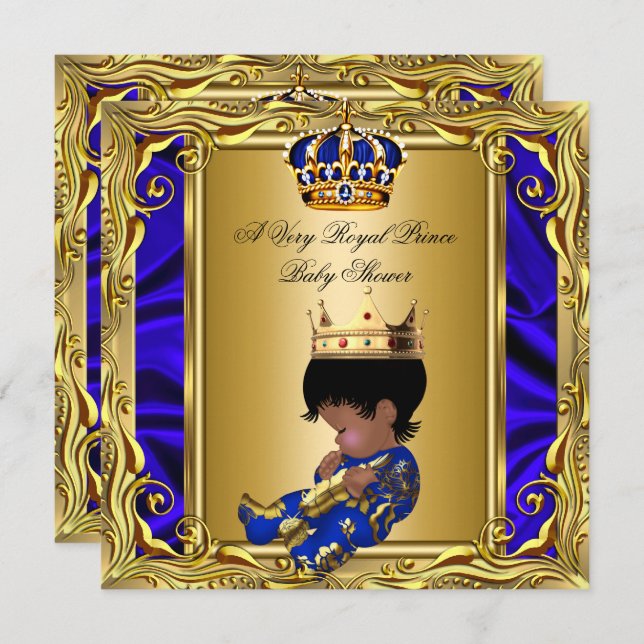 Invitación Prince Royal Blue Baby Shower Regal Gold Boy (Anverso / Reverso)