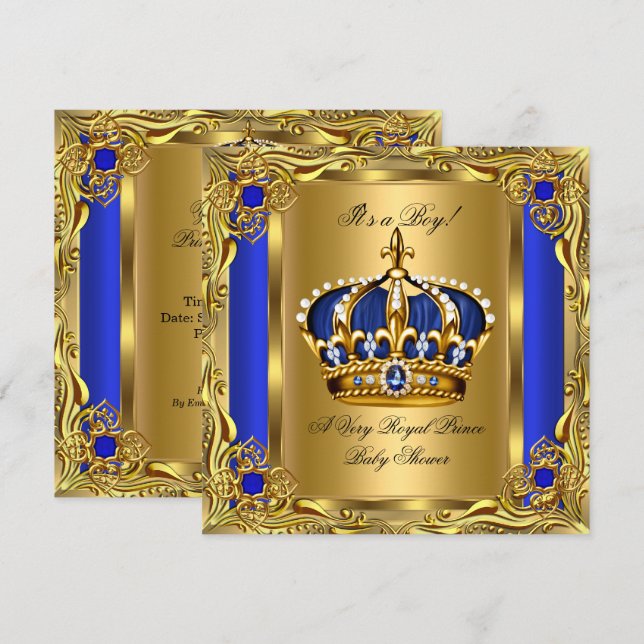 Invitación Prince Royal Blue Baby Shower Regal Gold Boy (Anverso / Reverso)