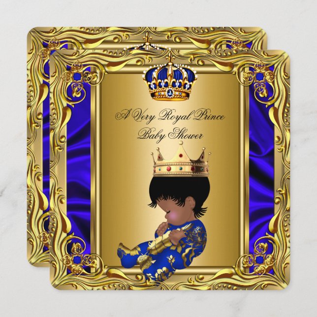 Invitación Prince Royal Blue Baby Shower Regal Gold Boy 2 (Anverso / Reverso)