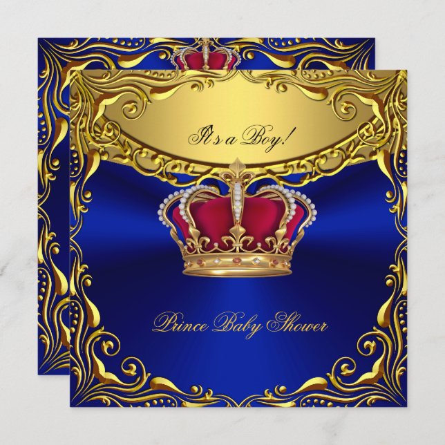 Invitación Prince Royal Blue Baby Shower Regal Red Gold Boy (Anverso / Reverso)