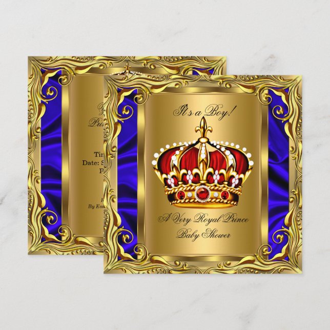 Invitación Prince Royal Blue Baby Shower Regal Red Gold Boy (Anverso / Reverso)