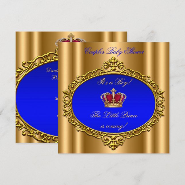 Invitación Prince Royal Blue Boy Baby Shower Crown Gold (Anverso / Reverso)