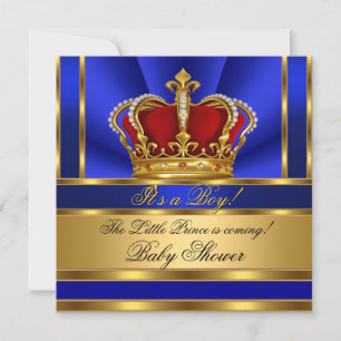 Invitación Prince Royal Blue Boy Baby Shower Red Gold Crown