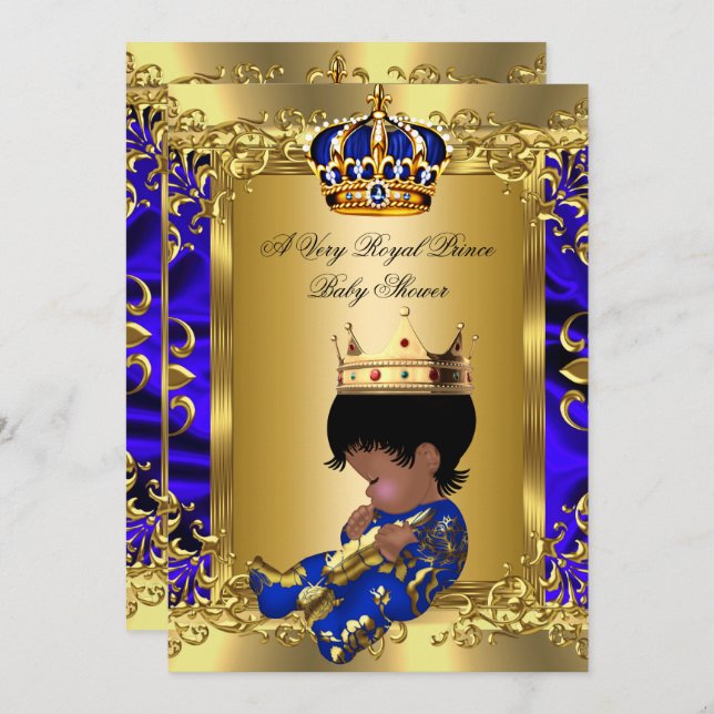 Invitación Prince Royal Blue Boy Baby Shower Regal Gold (Anverso / Reverso)