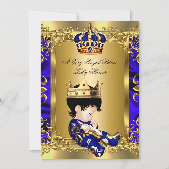 Invitación Prince Royal Blue Boy Baby Shower Regal Gold 2a (Anverso)