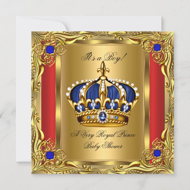 Invitación Prince Royal Blue Boy Baby Shower Regal Red Gold (Anverso)