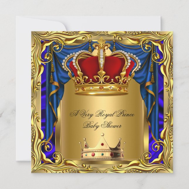 Invitación Prince Royal Blue Boy Baby Shower Regal Red Gold (Anverso)