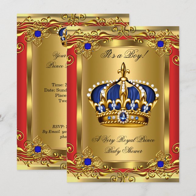 Invitación Prince Royal Blue Boy Baby Shower Regal Red Gold 2 (Anverso / Reverso)