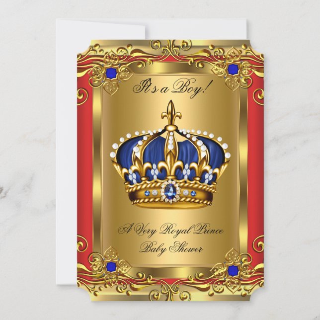 Invitación Prince Royal Blue Boy Baby Shower Regal Red Gold 2 (Anverso)